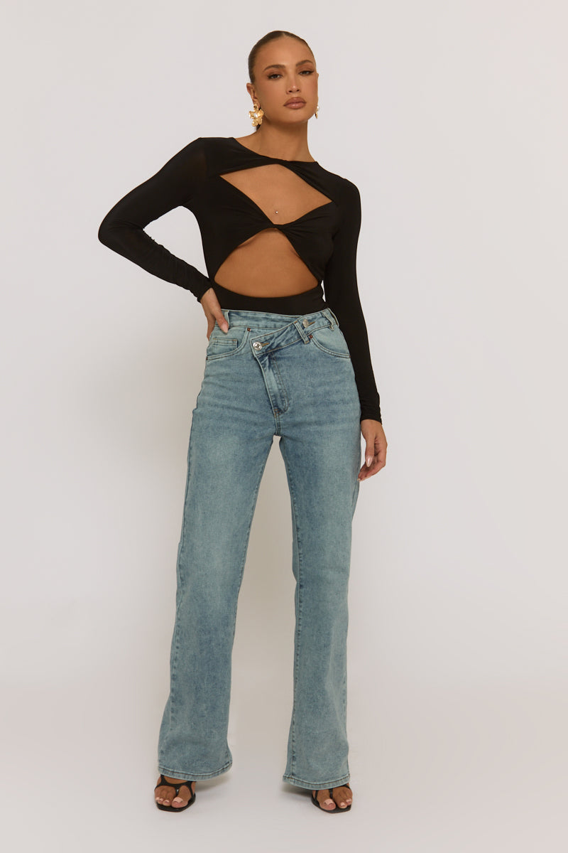 Black Cut Out Twist Front Bodysuit - Raisa