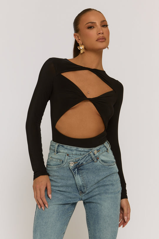 Black Cut Out Twist Front Bodysuit - Raisa