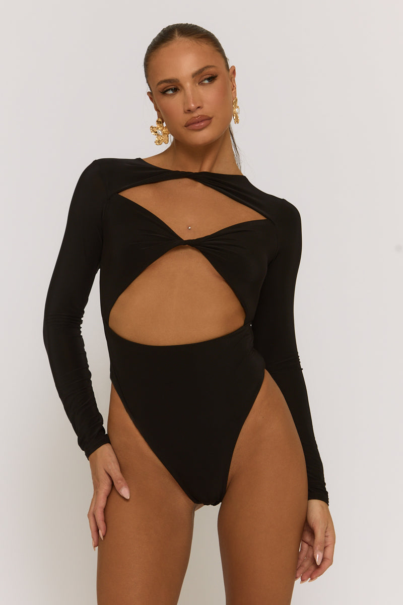 Black Cut Out Twist Front Bodysuit - Raisa