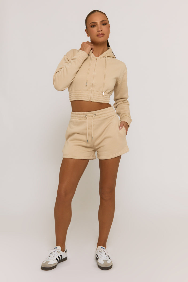 Beige Zip Through Hoodie and Short Lounge Set - Frances