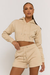 Beige Zip Through Hoodie and Short Lounge Set - Frances