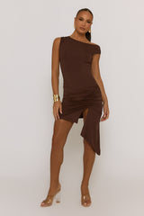 Chocolate Slash Neck Side Split Mini Dress - Russi