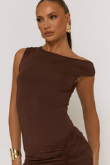 Chocolate Slash Neck Side Split Mini Dress - Russi