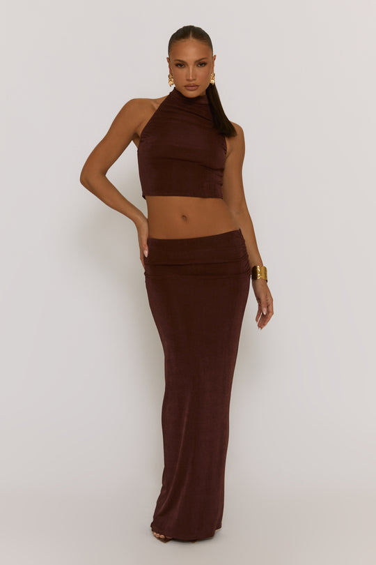 Chocolate Acetate Slinky Halter Top & Maxi Skirt Co-ord Set - Alice