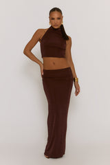 Chocolate Acetate Slinky Halter Top & Maxi Skirt Co-ord Set - Alice