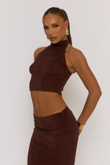 Chocolate Acetate Slinky Halter Top & Maxi Skirt Co-ord Set - Alice
