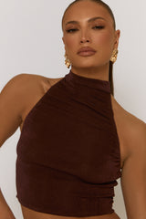 Chocolate Acetate Slinky Halter Top & Maxi Skirt Co-ord Set - Alice