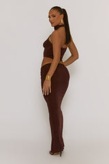 Chocolate Acetate Slinky Halter Top & Maxi Skirt Co-ord Set - Alice