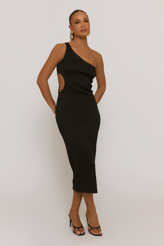 Black Wave Textured One shoulder Midaxi Dress - Oksana