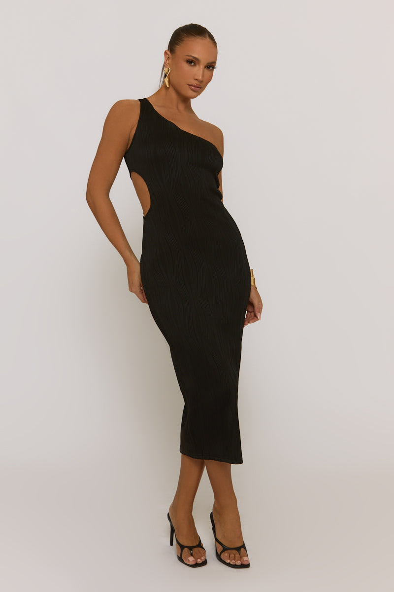 Black Wave Textured One shoulder Midaxi Dress - Oksana