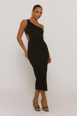 Black Wave Textured One shoulder Midaxi Dress - Oksana