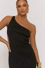 Black Wave Textured One shoulder Midaxi Dress - Oksana