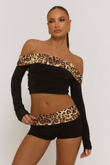 Black Leopard Bardot Top and Micro Short Co-ord Set - Melinda