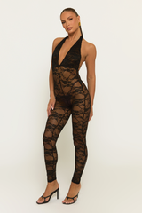 Black Lace Plunge Jumpsuit - Roberta