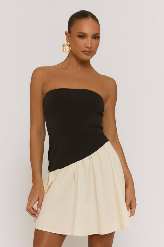 Black Contrast Asymmetric Peplum Mini Dress - Reba