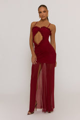 Wine Mesh Cut Out Strappy Maxi Dress - Rhiannon