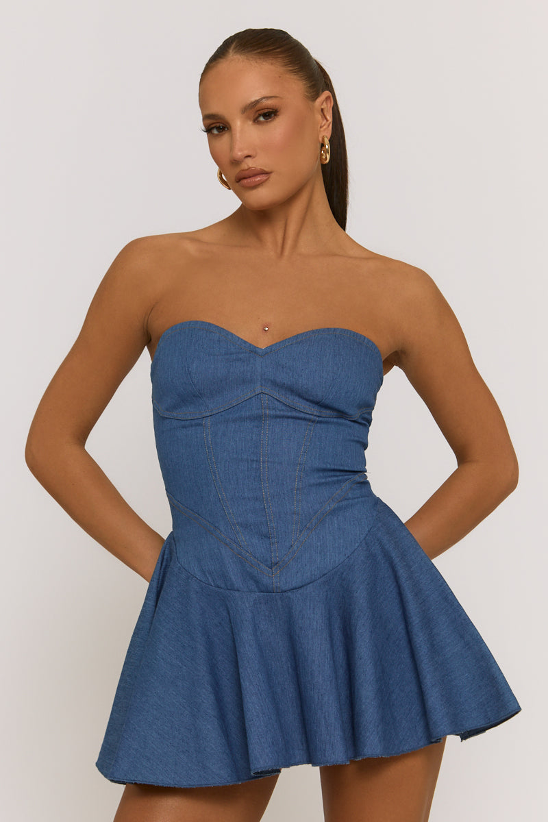 Blue Denim Corset Seam Detail Mini Dress - Sapphire