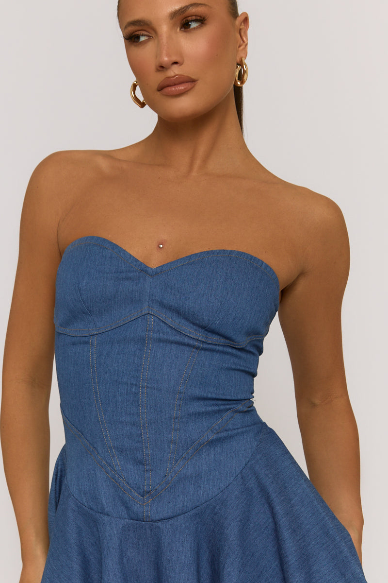 Blue Denim Corset Seam Detail Mini Dress - Sapphire Blue Denim Corset Seam Detail Mini Dress - Sapphire