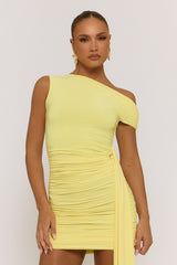 Yellow Slinky Off Shoulder Drape Mini Dress - Olivia