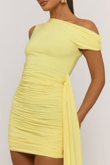 Yellow Slinky Off Shoulder Drape Mini Dress - Olivia