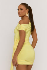 Yellow Slinky Off Shoulder Drape Mini Dress - Olivia