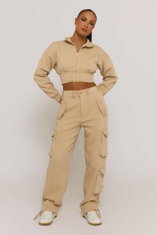 Beige Marl Cropped Cargo Lounge Co-ord Set - Lizzie