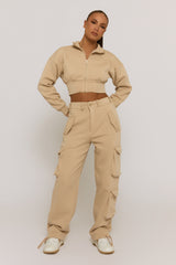 Beige Marl Cropped Cargo Lounge Co-ord Set - Lizzie