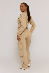 Beige Marl Cropped Cargo Lounge Co-ord Set - Lizzie