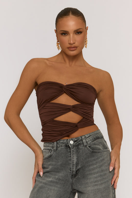 Brown Twist Cut Out Bandeau Crop Top - Porto