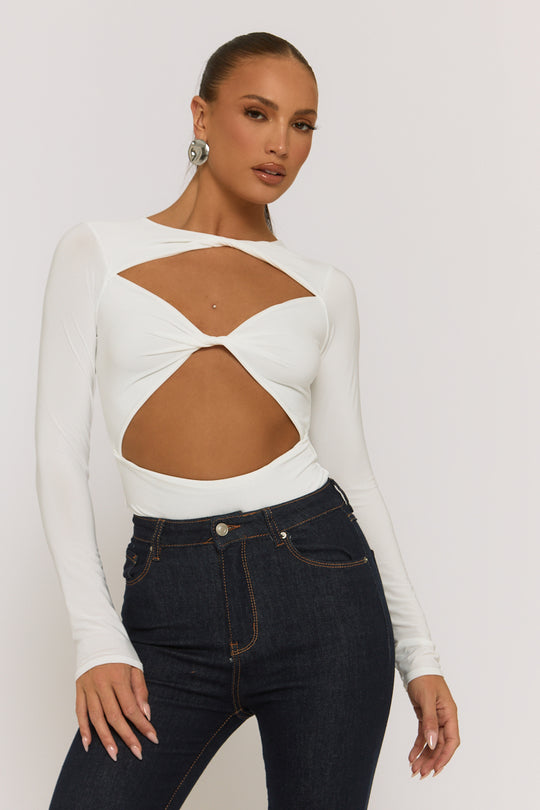 Ivory Cut Out Twist Front Bodysuit - Raisa