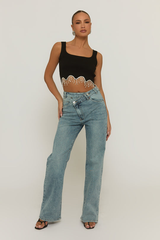 Acid Wash Blue Asymmetric Waist Wide Leg Jeans - Christi