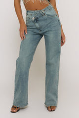 Acid Wash Blue Asymmetric Waist Wide Leg Jeans - Christi