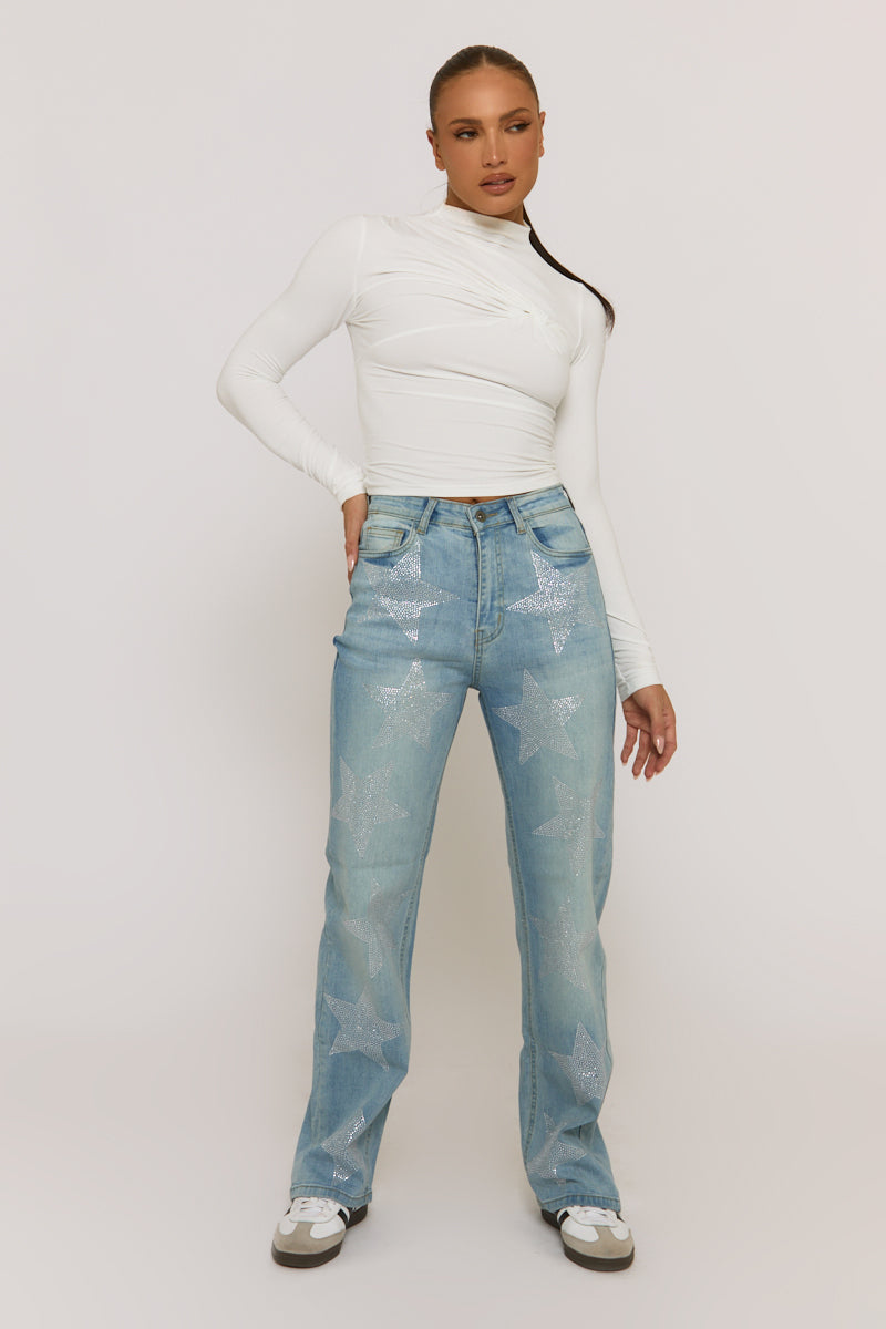 Blue Diamante Star Wide Leg Jeans - Jaynie