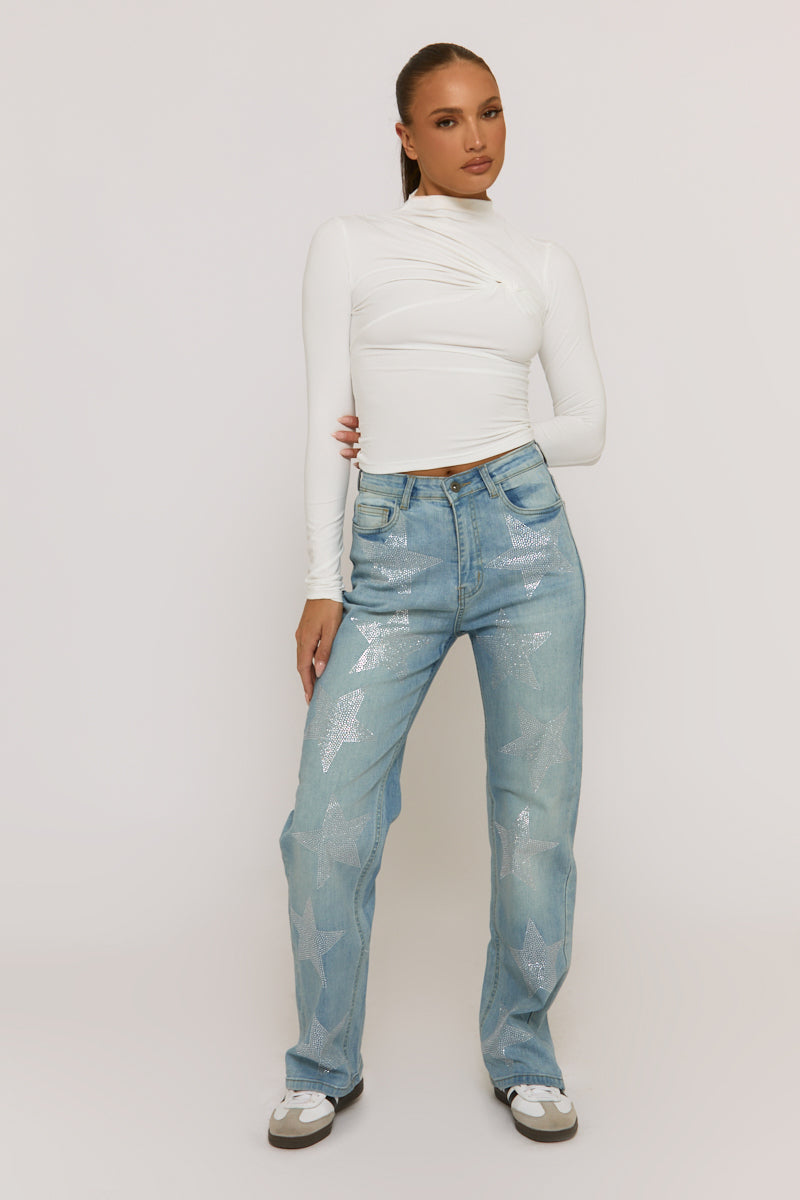Blue Diamante Star Wide Leg Jeans - Jaynie