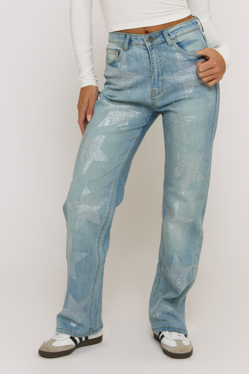 Blue Diamante Star Wide Leg Jeans - Jaynie