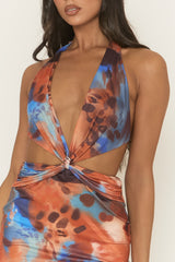 Orange Printed Plunge Cut Out Halterneck Mini Dress - Serine