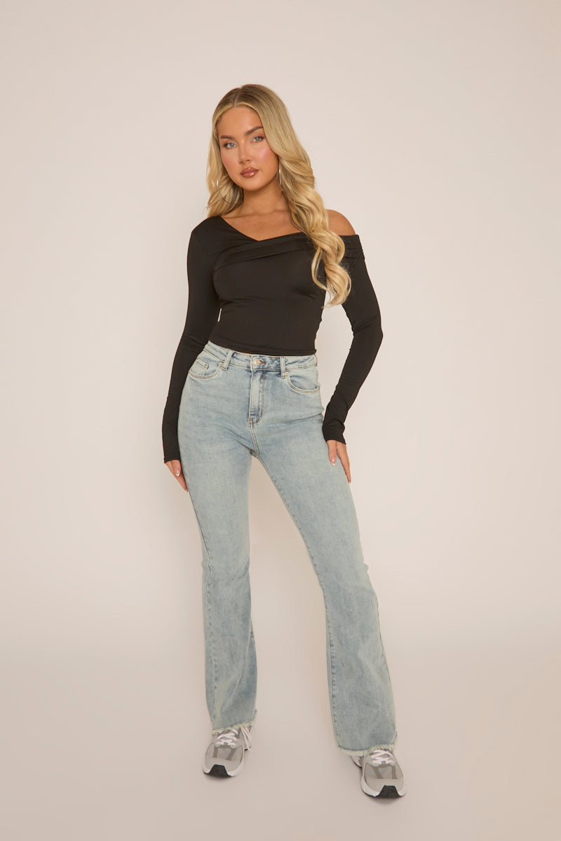 Pale Blue High Waist Kick Flare Frayed Hem Denim Jeans - Aspen