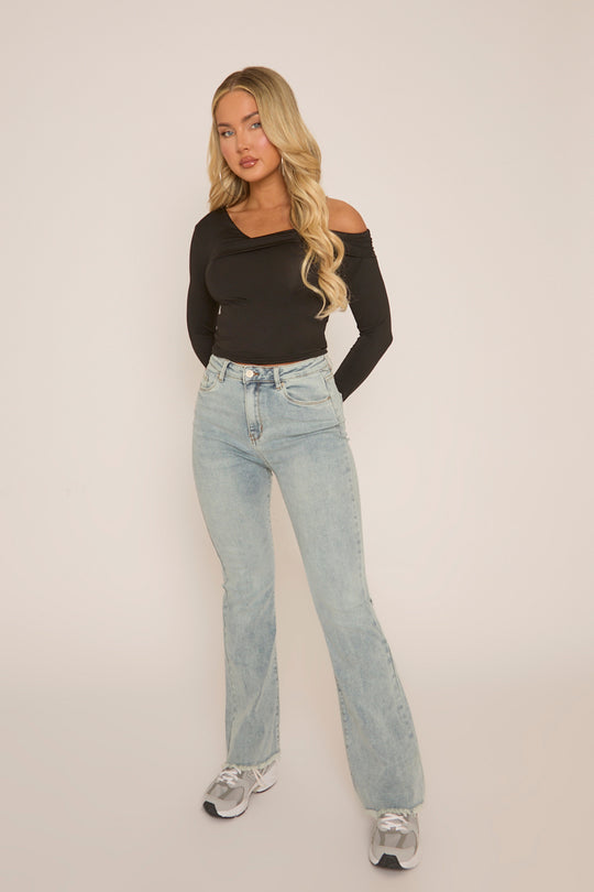 Pale Blue High Waist Kick Flare Frayed Hem Denim Jeans - Aspen
