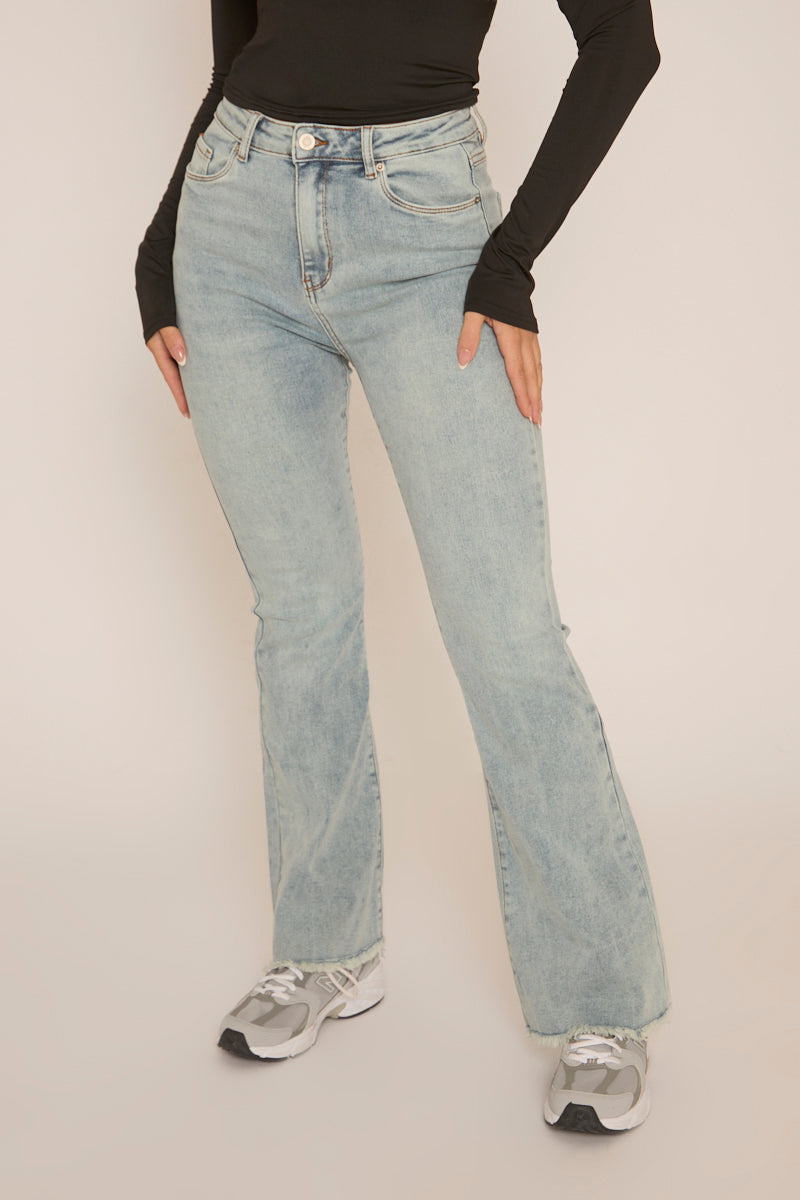 Pale Blue High Waist Kick Flare Frayed Hem Denim Jeans - Aspen