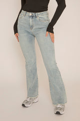 Pale Blue High Waist Kick Flare Frayed Hem Denim Jeans - Aspen