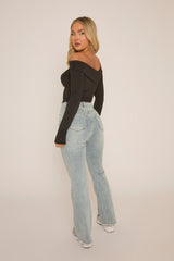 Pale Blue High Waist Kick Flare Frayed Hem Denim Jeans - Aspen