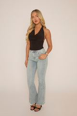 Black Slinky Plunge Halter Top - Aino