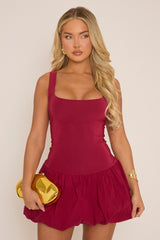 Wine Scoop Neck Puffball Mini Dress - Alyssa