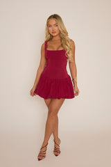 Wine Scoop Neck Puffball Mini Dress - Alyssa