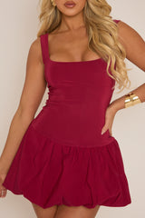 Wine Scoop Neck Puffball Mini Dress - Alyssa