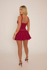 Wine Scoop Neck Puffball Mini Dress - Alyssa