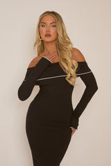 Black Knitted Fold Over Bardot Contrast Midi Dress - Josy