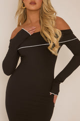 Black Knitted Fold Over Bardot Contrast Midi Dress - Josy