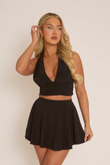 Black Slinky Halter Top and Mini Skirt Co-Ord - Chiara