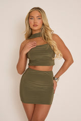 Khaki Choker Detail Strapless Top and Mini Skirt Co-ord - Elowen